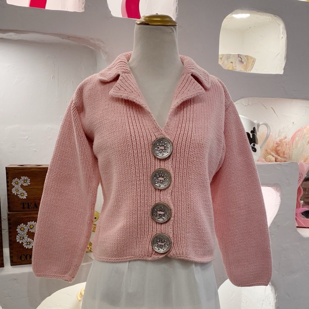 Light Pink Chunky Knit Cotton Collared Cardigan Sweater with Oversized Buttons
